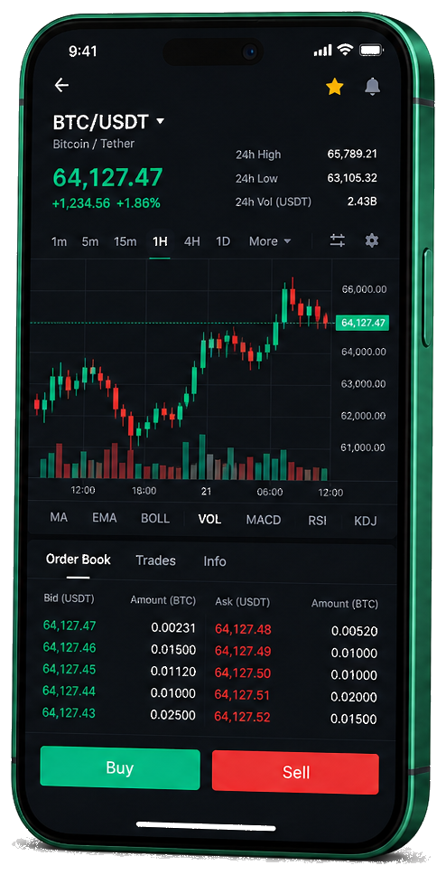 Mond Capitreu plateforme de trading sur mobile — graphique BTC/USDT en direct, carnet d'ordres et interface d'achat/vente